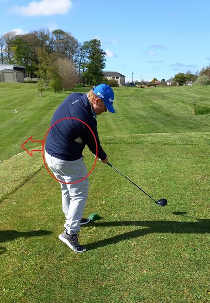 Pic 3: The player should feel the body opening up in the downswing by turning the hips and body, thereby facing the intended target at impact. Pic 3: The player should feel the body opening up in the downswing by turning the hips and body, thereby facing the intended target at impact.