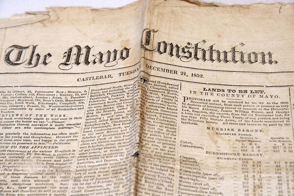 A rare copy of the Mayo Constitution newspaper from 1852 is among the items in the collection. Picture: Alison Laredo 