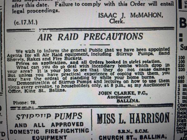 Ballina businessman John Clarke was appointed agents for air raid equipment during The Emergency. Ballina businessman John Clarke was appointed agents for air raid equipment during The Emergency.
