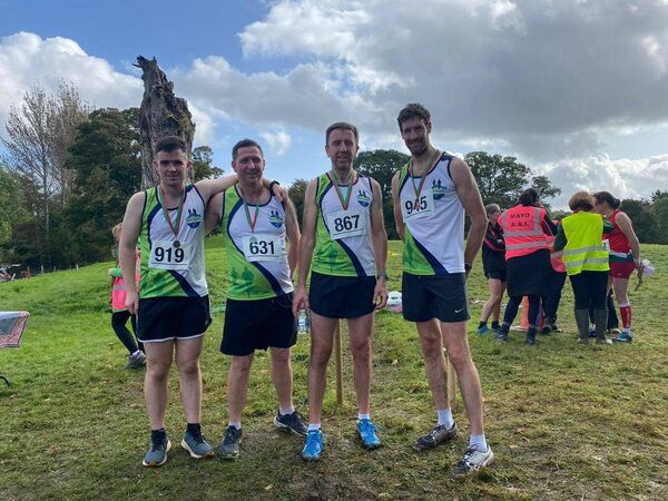 Moy Valley AC's masters team of Conor McLoughlin and William Jackson, Sean Gallagher and Roger Barrett who won gold. Moy Valley AC's masters team of Conor McLoughlin and William Jackson, Sean Gallagher and Roger Barrett who won gold.