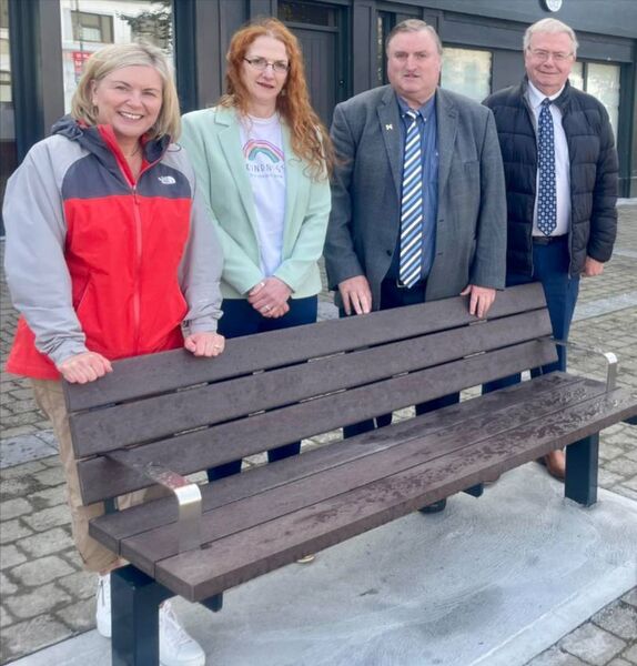 Pictured at the unveiling of new seating at the Square in Claremorris were, from left: Pauline Flynn and Therese Comer, Claremorris Tidy Towns, Cllr Tom Connolly and Cllr Richard Finn