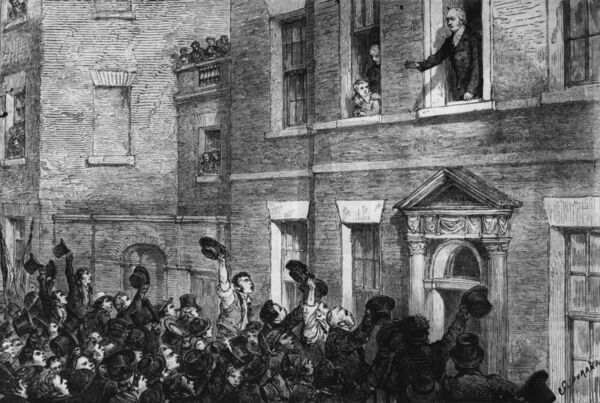 1812: The British statesman George Canning (1770-1827) greets a crowd of supporters during the Liverpool election of 1812. Canning's later proposal opposing European intervention in American affairs led to 'the Monroe Doctrine'. (Photo by Hulton Archive/Getty Images)