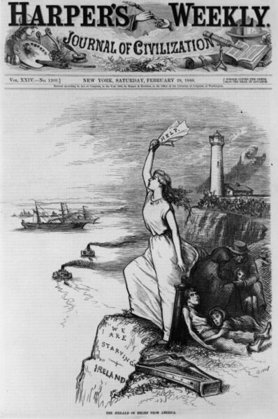 The cartoon on the front cover of 'Harper's Weekly' - 'We are starving in Ireland - the Herald of relief from America.' This edition appeared in 1880 when many parts of the West of Ireland, including north Mayo, continued to suffer from famine. Picture: Hulton Archive/Getty Images The cartoon on the front cover of 'Harper's Weekly' - 'We are starving in Ireland - the Herald of relief from America.' This edition appeared in 1880 when many parts of the West of Ireland, including north Mayo, continued to suffer from famine. Picture: Hulton Archive/Getty Images