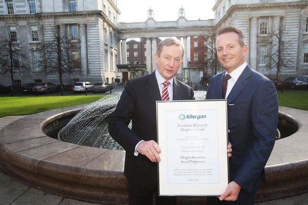 Then Taoiseach Enda Kenny pictured in 2017 with Brent Saunders, Allergan’s chairman, president and chief executive as the company celebrated 40 years in Ireland. Then Taoiseach Enda Kenny pictured in 2017 with Brent Saunders, Allergan’s chairman, president and chief executive as the company celebrated 40 years in Ireland.