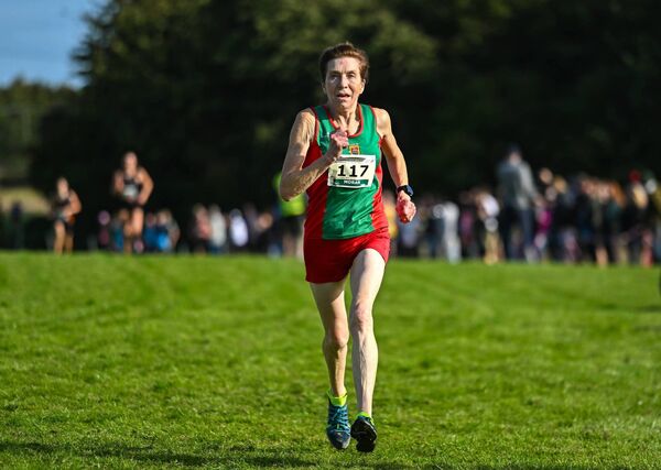 Pauline Moran of Mayo AC striding her way to a gold medal in the master women's 65+ 4500m. Pauline Moran of Mayo AC striding her way to a gold medal in the master women's 65+ 4500m.