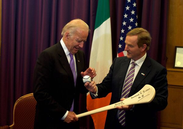 Taoiseach Enda Kenny presents the then US Vice President Joe Biden with a hurley during a welcome ceremony at Government Buildings in Dublin, Ireland on June 21, 2016. Picture: Paulo Nunes dos Santos/AFP via Getty Images Taoiseach Enda Kenny presents the then US Vice President Joe Biden with a hurley during a welcome ceremony at Government Buildings in Dublin, Ireland on June 21, 2016. Picture: Paulo Nunes dos Santos/AFP via Getty Images