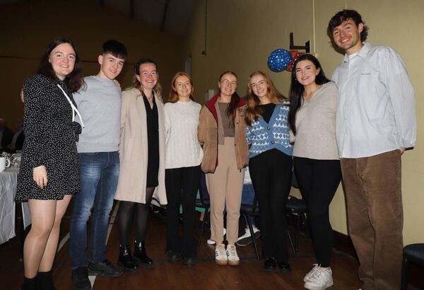 Enjoying the retirement function were, from left: Orlaith Hughes, Aodhan Hughes, Aisling Hughes, Geraldine Biggins, Katie Biggins, Rachael Biggins, Sarah Lally and Eoghan Hughes, past pupils from Burriscarra NS. Picture: Tom Quinn