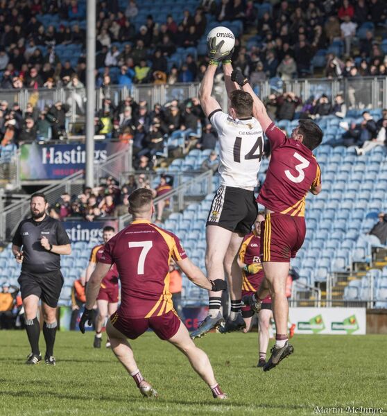 Kilmeena full-forward Caolach Halligan soars highest to beat Annaduff full-back Dillon Keane to the ball during last Sunday's Connacht club intermediate championship quarter-final.	Pictures: Martin McIntyre