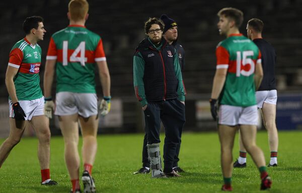 A forlorn-looking Padraig O'Hora wearing a protective boot as he sat out Ballina's victory on Saturday. Picture: INPHO/James Crombie A forlorn-looking Padraig O'Hora wearing a protective boot as he sat out Ballina's victory on Saturday. Picture: INPHO/James Crombie
