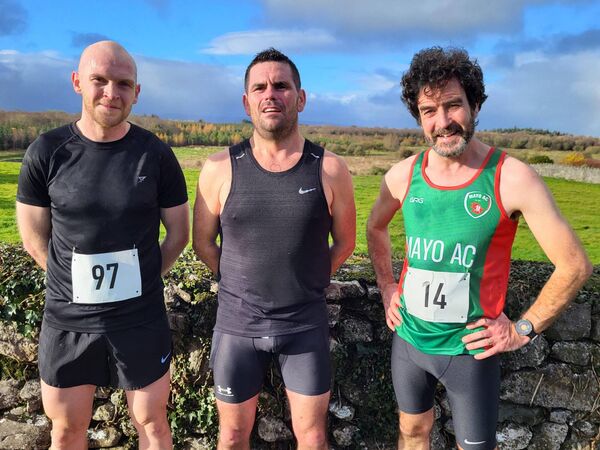 The first three men home in the Hollymount 10k were, from left: Alan Dunne, East Mayo AC (third), Shaun McLoughlin, Westport AC (first) and Dan Charlton, Mayo AC (second). 