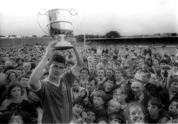 Ballina Stephenites captain Kevin McStay lifts the Moclair Cup in 1987. 