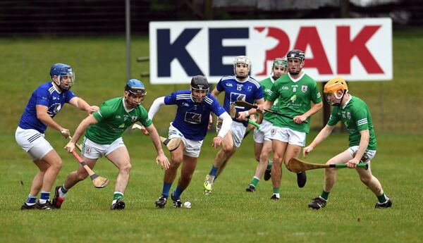  Tooreen's Kenny Feeney, Joe Boyle and Shane Boland, and Ballinderreen's Kevin Lane, Robbie Meehan and Sean Meehan, all gp in pursit of the sliothar during Sunday's final, which was a rematch of the 2017 decider.