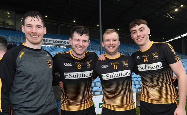 Lahardane MacHales’ Aodan Cronin, Jarlath Maughan, James Maughan and Eoin Fergus celebrate after the final whistle. 
