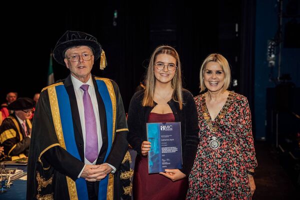 Pictured at the recent Mary Immaculate College Awards Ceremony was Catherine Joyce from Co. Mayo who received the Ashling Murphy Memorial Entrance Scholarship, with Dorothy McGinley, President of the Irish National Teachers’ Organisation (INTO) and Professor Eugene Wall, President of MIC. Picture: Brian Arthur