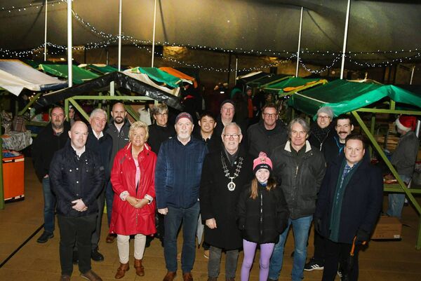 Pictured at the official launch of Light Up Winter Magic in the new Innovation Quarter in Ballina’s former Military Barracks were Cllr Annie May Reape, Declan Turnbull (Head of Ballina Municipal District), Seamus Weir (Cathaoirleach, Ballina MD) and staff of Mayo County Council.	Picture: John O'Grady