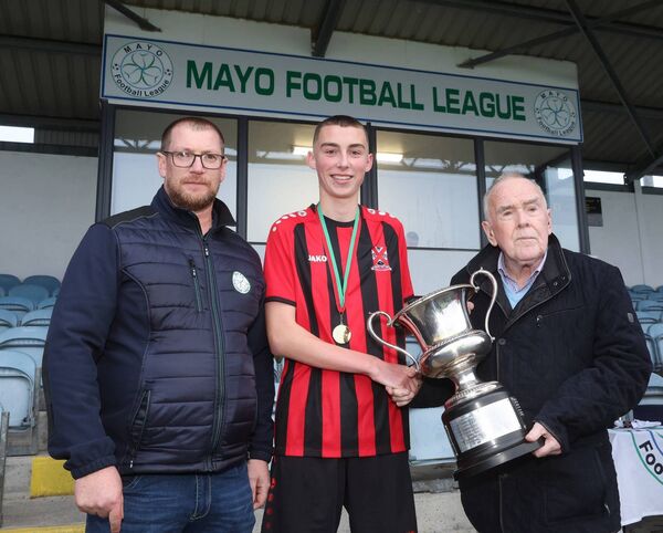 Pat Quigley presents the Quigley Cup to Daniel O'Malley, captain, Westport United, after their victory in the final at Solar 21 Park in Castlebar earlier this year. On the left is Seamus Hughes, Chairman, Mayo Football League. Picture: Michael Donnelly Pat Quigley presents the Quigley Cup to Daniel O'Malley, captain, Westport United, after their victory in the final at Solar 21 Park in Castlebar earlier this year. On the left is Seamus Hughes, Chairman, Mayo Football League. Picture: Michael Donnelly