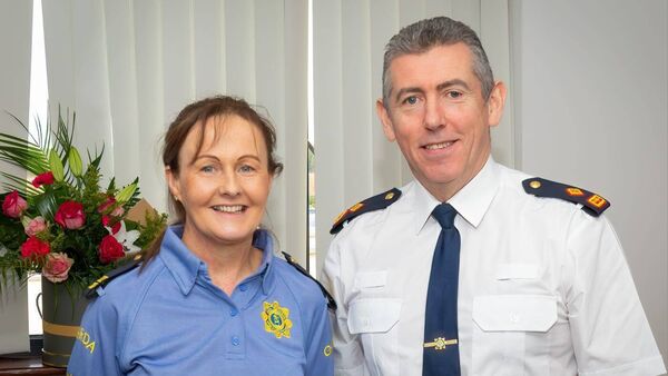 Margaret Sweeney on her last tour of duty at Ballycroy Garda station pictured with Superintendent Alan Brady, Mayo North Community Engagement.
