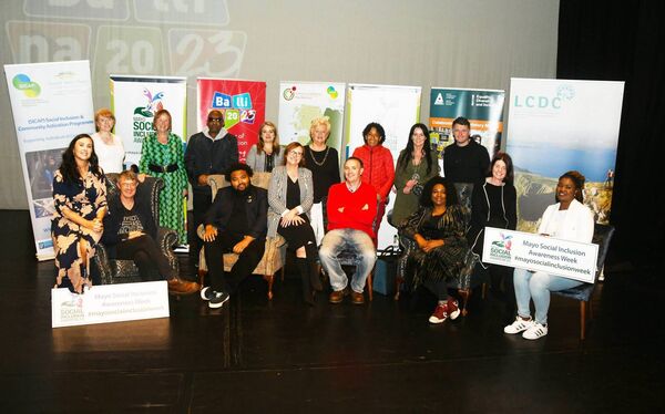 A seminar on racism, 'Cairdeas le Chéile', was held in Ballina Arts Centre as part of Balilna 2023. Pictured, from left, were: Sheila Garvin, Ballina 2023; Anne-Marie Flynn, Ballina 2023; Dr John Mulloy, Speaker/Panel Facilitator; Bridie McAndrew, Karen Community Garden Manager; Fath Hamid, Karen Community Garden Volunteer; Martin Angolo, Panellist; Rita Hopkins, Mayo North East SICAP; Mags Downey-Martin, CEO, Ballina Chamber of Commerce; Cllr Annie May Reape, Leas Cathaoirleach, Ballina MD; Paddy Maughan, Panellist, Mayo North East SICAP; Sharon Murphy, Speaker; Anne Ronayne, Community and Engagement Section, Mayo County Council; Emmanuela Ubah, Panellist; Cllr Jarlath Munnelly; Deirdre Finnerty, Head of Community and Engagement Section, Mayo County Council; Celeste Khosa, Panellist, South West Mayo Development Company SICAP. Picture: John O'Grady A seminar on racism, 'Cairdeas le Chéile', was held in Ballina Arts Centre as part of Balilna 2023. Pictured, from left, were: Sheila Garvin, Ballina 2023; Anne-Marie Flynn, Ballina 2023; Dr John Mulloy, Speaker/Panel Facilitator; Bridie McAndrew, Karen Community Garden Manager; Fath Hamid, Karen Community Garden Volunteer; Martin Angolo, Panellist; Rita Hopkins, Mayo North East SICAP; Mags Downey-Martin, CEO, Ballina Chamber of Commerce; Cllr Annie May Reape, Leas Cathaoirleach, Ballina MD; Paddy Maughan, Panellist, Mayo North East SICAP; Sharon Murphy, Speaker; Anne Ronayne, Community and Engagement Section, Mayo County Council; Emmanuela Ubah, Panellist; Cllr Jarlath Munnelly; Deirdre Finnerty, Head of Community and Engagement Section, Mayo County Council; Celeste Khosa, Panellist, South West Mayo Development Company SICAP. Picture: John O'Grady
