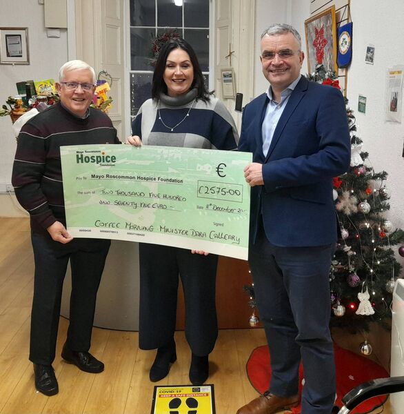  Minister of State Dara Calleary TD pictured with CEO Martina Jennings and Damien Slater of Mayo/Roscommon Hospice Foundation as he handed over the proceeds of his annual fundraising coffee morning which was held earlier this year at the Jackie Clarke Library, Ballina. Minister Calleary thanks everyone who supported the event and is very pleased to announce that €2,575 was raised on the day. 