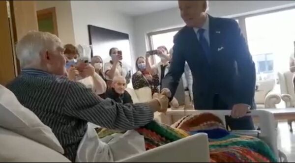 President Joe Biden chats with the late Pat Geraghty at the Mayo Hospice in Castlebar last April. President Joe Biden chats with the late Pat Geraghty at the Mayo Hospice in Castlebar last April.