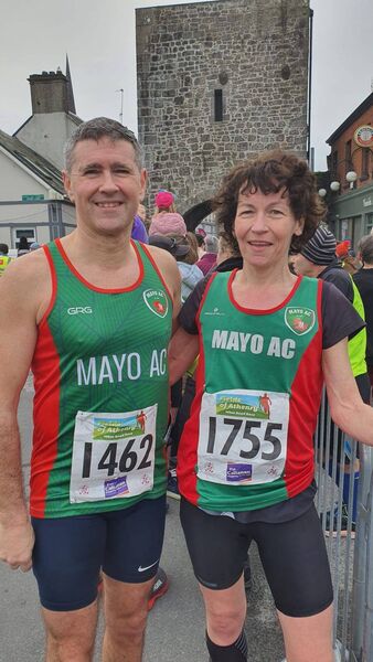 Mayo AC's Tony O’Malley and Caitlín Woods who ran personal best times at the Fields of Athenry 10k. Mayo AC's Tony O’Malley and Caitlín Woods who ran personal best times at the Fields of Athenry 10k.