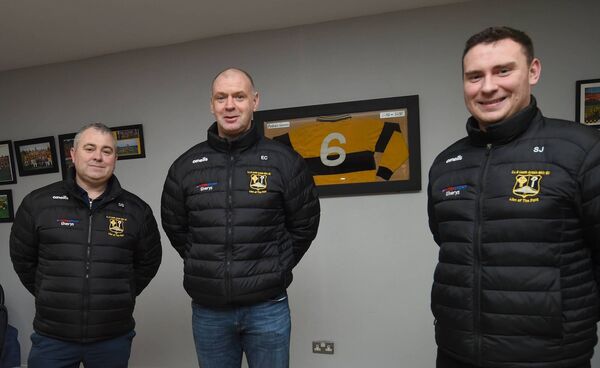 Lahardane MacHales team manager, Eddie Conroy, centre, with club chairman Derek Sheridan, left, and secretary Sean Jordan at the press evening in the clubhouse last Friday. Picture: David Farrell Photography 