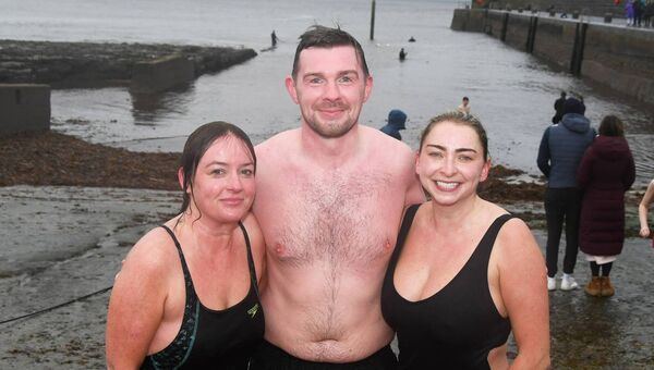 Enjoying the New Yearss Day Swim at Enniscrone Pier were Joanne Clarke, Paul Nallon and Amy Tighe from Knockmore. Picture: John O'Grady Enjoying the New Yearss Day Swim at Enniscrone Pier were Joanne Clarke, Paul Nallon and Amy Tighe from Knockmore. Picture: John O'Grady