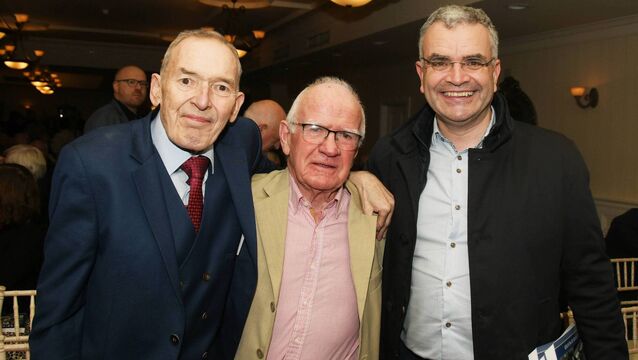 <p>Minister Dara Calleary pictured with Henry Wills and retired Western People deputy editor Denis Daly at the launch of Henry's book last November. Picture: John O'Grady</p>