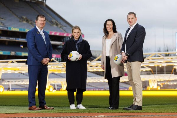 Mícheál Naughton, LGFA President, Holly Murdoch, Head of Operations, Women's Professional Game at the English FA, Lindsay Peterson, Director of Operations, Nebraska Volleyball at the University of Nebraska, and JP Scally, CEO Lidl Ireland and Northern Ireland joined Lidl Ireland to launch a campaign to ‘Get Behind the Fight ’ as the 2024 Lidl National Football League kicks off this weekend. Picture: Andres Poveda