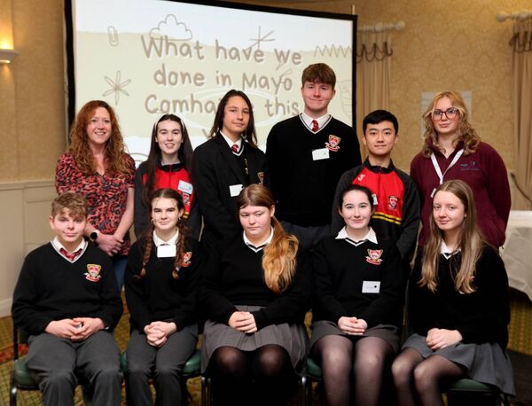 Pictured at the Mayo Comhairle na nÓg Youth Conference were students from Moyne College, Ballina, with teacher Jackie Langan. Picture: Trish Forde