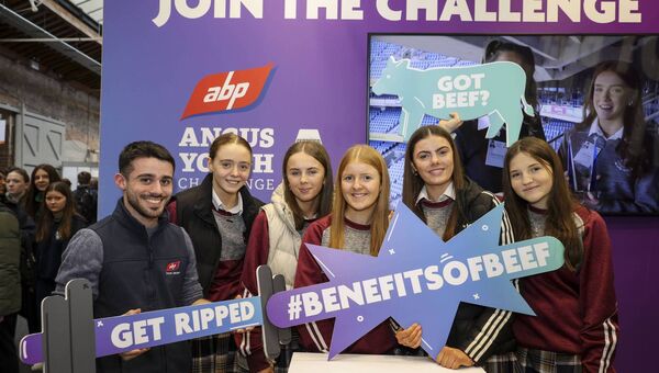 Pictured at the ABP stand at the BT Young Scientist and Technology Exhibition are: Alice Flannery, Erin Gallagher, Clíona Cullen, Ava Casey and Ethel Duffy from St. Joseph Community College, Charlestown, Co. Mayo with Adam Kane from ABP. Photo: Fennell Photography