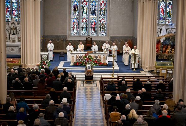 The scene at St Muredach’s Cathedral in Ballina last Tuesday morning for the Funeral Mass of the late Henry Wills. The celebrants are, from left: Fr James Corcoran, Fr Tommy Towey, Fr Dan O’Mahony, Mgr Martin Keveny, Fr Michael Harrison, Mgr Sean Killeen, Fr Anthony Gillespie, Fr Aidan O’Boyle and Fr Brendan Hoban.	Picture: Ray McManus/Sportsfile
                    