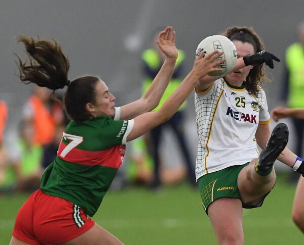 Mayo’s Annie Gough blocks Meath’s Emma Duggan’s attempt for a score. Mayo’s Annie Gough blocks Meath’s Emma Duggan’s attempt for a score.