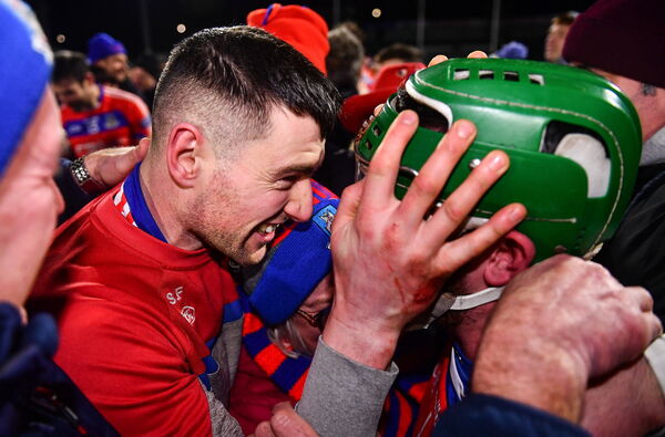 St Thomas' Seán Fallon and goalkeeper Gerald Kelly celebrate after their AIB GAA Hurling All-Ireland Senior Club Championship semi-final win over Ballygunner at Laois Hire O'Moore Park in Portlaoise, Laois. Picture: Ben McShane/Sportsfile