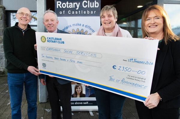 Deirdre Waldron from Castlebar Social Services was presented with a cheque for €2,350 by Rotarian Peter Glynn, Castlebar Rotary Club President Finian Joyce and Rotarian Breda Gilvarry.
