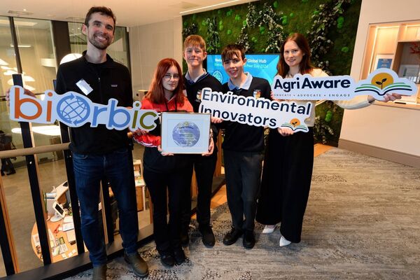 Conor Haugh of BiOrbic, with Heidi Verry, James Carson and Ríán Reilly of St Tiernan's College and Aimee Gray General Manager of Agri Aware at the Environmental Innovators Peer Day at the Bord Bia Global Hub.
