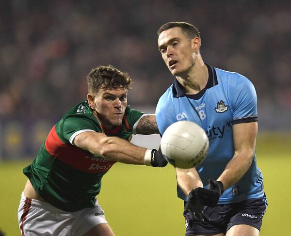 Mayo’s Jordan Flynn tackles Dublin midfielder Brian Fenton during the Allianz Football League Division 1 match at Hastings Insurance MacHale Park, Castlebar last Saturday. Picture: David Farrell Photography Mayo’s Jordan Flynn tackles Dublin midfielder Brian Fenton during the Allianz Football League Division 1 match at Hastings Insurance MacHale Park, Castlebar last Saturday. Picture: David Farrell Photography