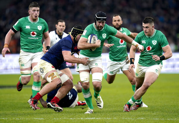 Ireland's Caelan Doris is tackled by France's Gregory Alldritt during the Guinness Six Nations match at the Orange Velodrome in Marseille, France, last Friday. Ireland's Caelan Doris is tackled by France's Gregory Alldritt during the Guinness Six Nations match at the Orange Velodrome in Marseille, France, last Friday.