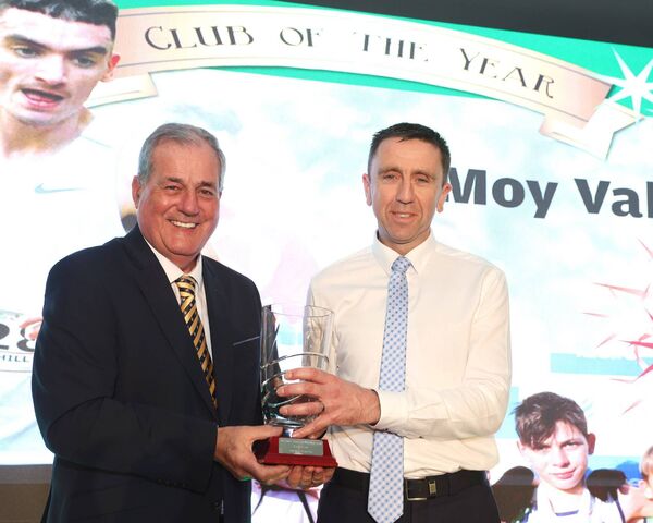 Sean Gallagher accepts the Club of the Year award on behalf of Moy Valley AC from special guest Ger Canning. Picture: Michael Donnelly Sean Gallagher accepts the Club of the Year award on behalf of Moy Valley AC from special guest Ger Canning. Picture: Michael Donnelly