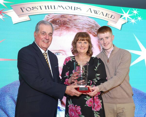 Wife Marie and son Edward accept the Posthumous Award on behalf of Padraig Brogan from RTÉ sports commentator Ger Canning. Picture: Michael Donnelly Wife Marie and son Edward accept the Posthumous Award on behalf of Padraig Brogan from RTÉ sports commentator Ger Canning. Picture: Michael Donnelly
