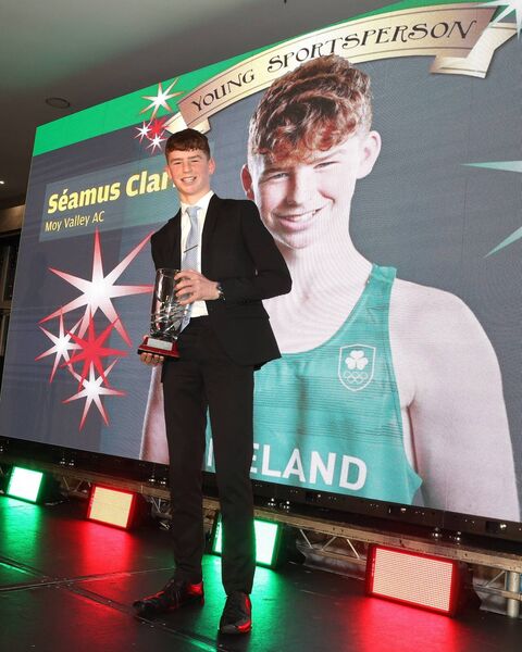 Seamus Clarke shows off his Young Sportsperson of the Year award which he accepted at Friday's Western People Mayo Sports Stars Awards which took place in Breaffy House Hotel. Picture: Michael Donnelly Seamus Clarke shows off his Young Sportsperson of the Year award which he accepted at Friday's Western People Mayo Sports Stars Awards which took place in Breaffy House Hotel. Picture: Michael Donnelly