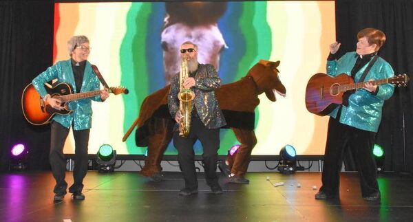 Performing My Lovely Horse were, left to right: Michelle Conroy, Michelle and Aoife McHugh (the horse!), Fr Mike Murphy and Trish Forde.