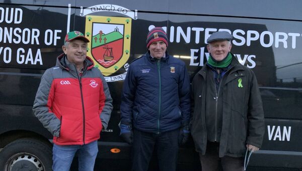 Joe Kelly, Padraig O’Connor and James McGovern supporting the Mayo senior team in Omagh on Saturday week last. Picture by Tom Quinn Joe Kelly, Padraig O’Connor and James McGovern supporting the Mayo senior team in Omagh on Saturday week last. Picture by Tom Quinn