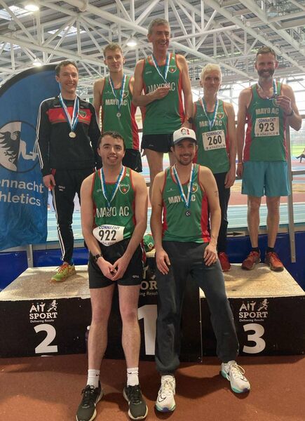 Podium success for Mayo AC at Connacht Indoor Championships. Back, from left, Mike Griffin, Mikey McAndrew, Tony Hegarty, Christian Macrae, Sean McDonnell. Front, from left, Declan Owens, Rob Holloway. 