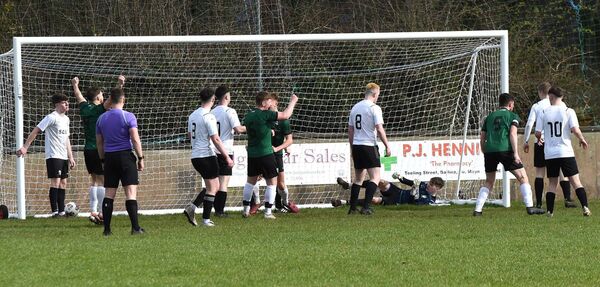  Conn Rangers’ players celebrate their opening goal scored by Cian McHale from a corner early in the first half.