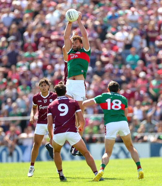 Aidan O'Shea soars high to win possession against Galway in last year's All-Ireland SFC preliminary quarter-final at Pearse Stadium.