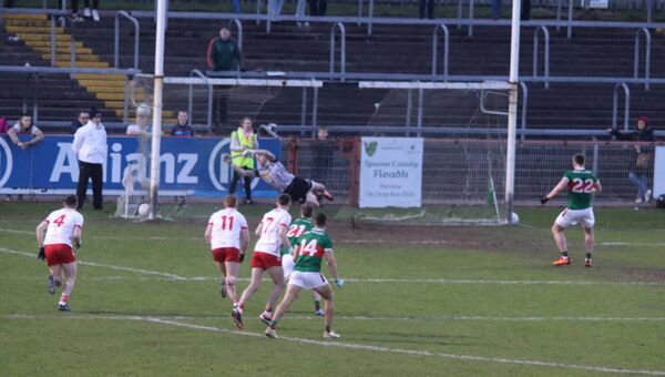 The ball nestles snugly in the corner of the Tyrone net with a splendidly taken penalty from Cillian O’Connor. Picture by Tom Quinn The ball nestles snugly in the corner of the Tyrone net with a splendidly taken penalty from Cillian O’Connor. Picture by Tom Quinn