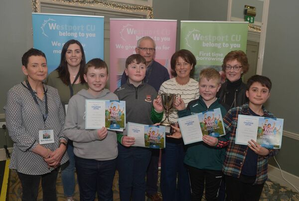 Members of the under-13 team from The Quay National School, Ballina that won the Chapter final of the Credit Union Schools’ Quiz in Westport are, front row, from left: Noah Gallagher, David Baynes, Iarla Hannon and Rowan Harrison. Back row, from left, are Joan Jennings and Erin Cafferkey (Westport Credit Union), Pat Farrell (Ballina Credit Union), Pauline Ryan (Westport Credit Union), and Anne Treacy, Deputy Principal of The Quay National School, Ballina.