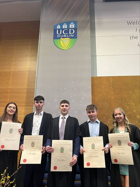 Aisling Commins, Ben Smyth, Paul Gilmore, Sean Meehan and Amy Hession, former students of Mount St Michael Secondary School and St Colman's College, received their Entrance Scholar Awards from UCD in recognition of their academic achievements in their 2023 Leaving Certificate examinations. Aisling Commins, Ben Smyth, Paul Gilmore, Sean Meehan and Amy Hession, former students of Mount St Michael Secondary School and St Colman's College, received their Entrance Scholar Awards from UCD in recognition of their academic achievements in their 2023 Leaving Certificate examinations.