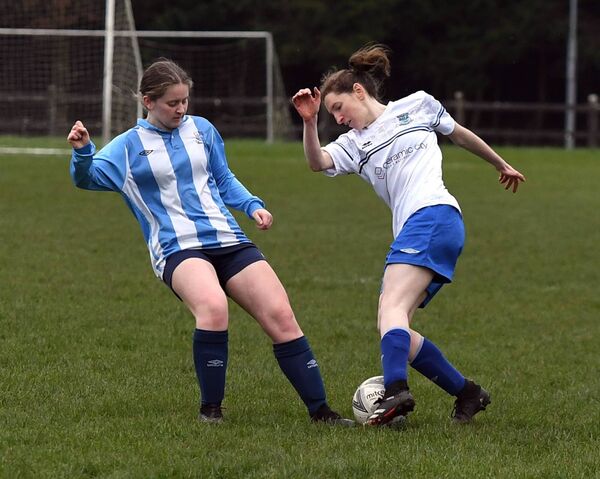 Manulla’s Natalie Lundy and Salthill Devon’s Kaelah Tobin challenge for the ball during the Connacht Women’s Cup semi-final at Manulla last Sunday. Picture: David Farrell Photography